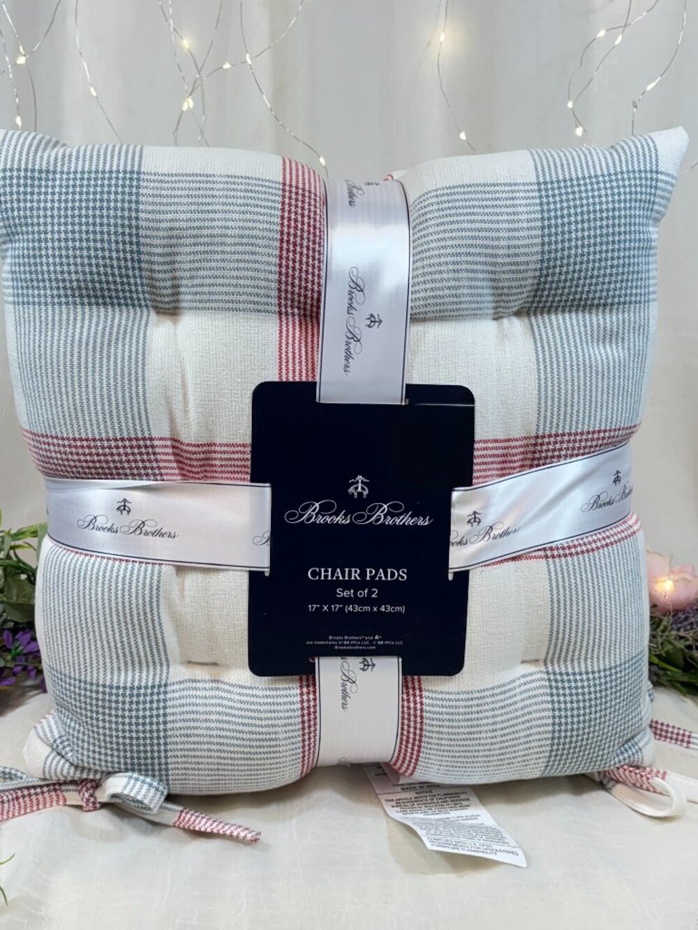 Brooks Brothers Quilted Chair Cushions Pads w/Ties Red White Blue Plaid Set 2